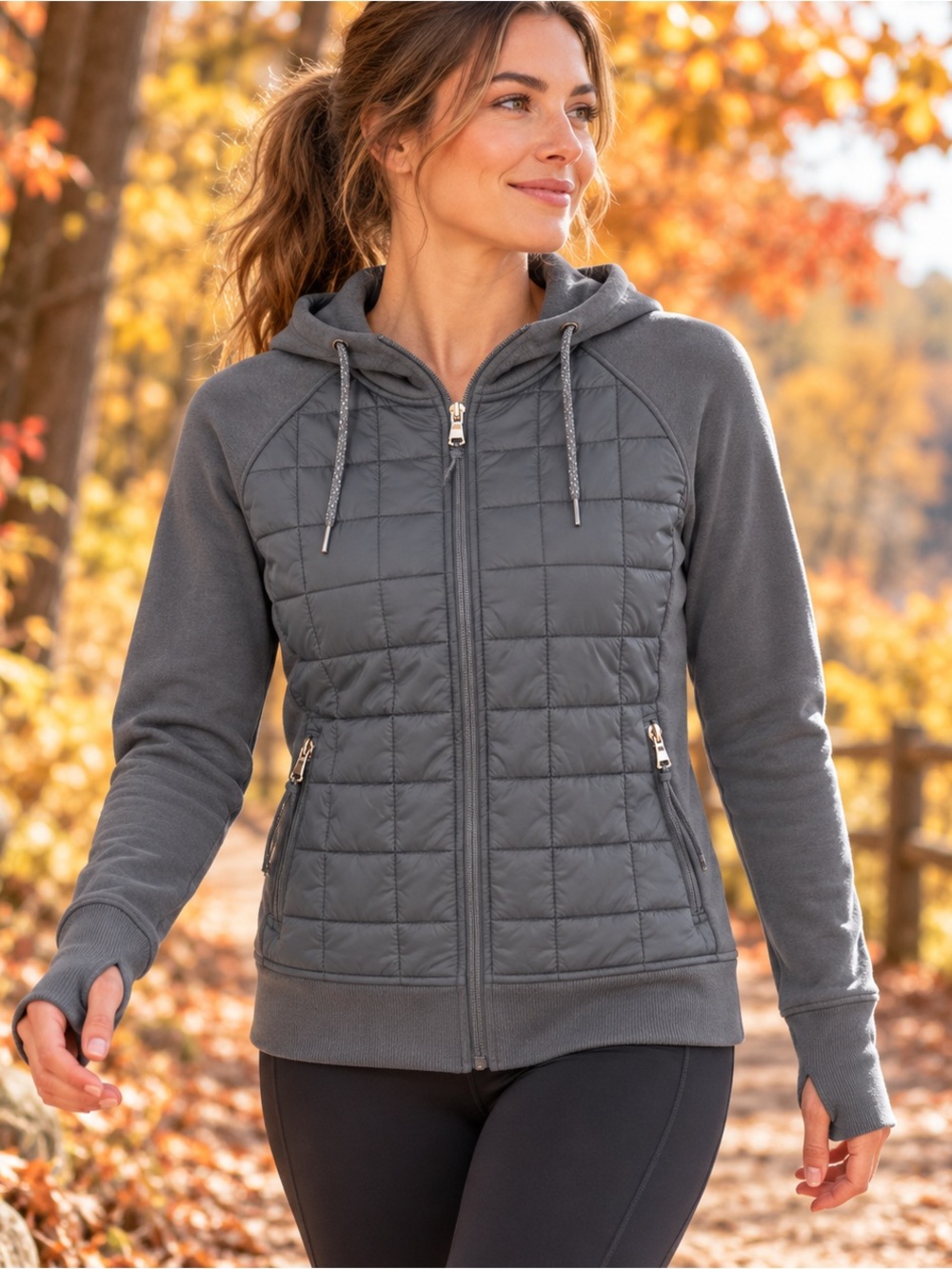 Old Navy Active Dynamic Fleece Quilted Hybrid Hoodie Jacket Blue M Hiking Fall